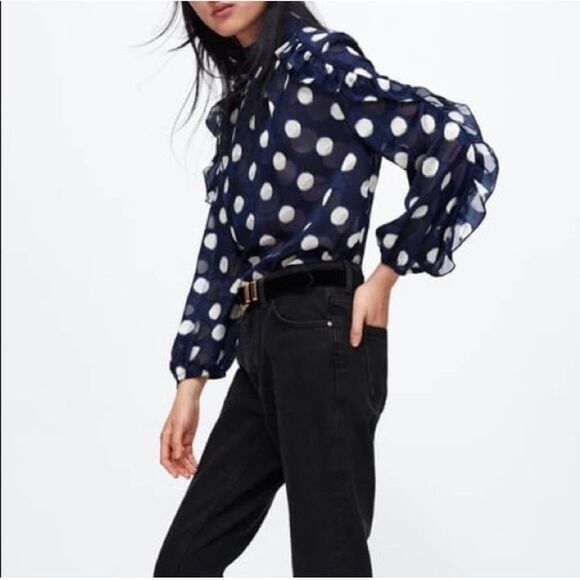 Zara EUC Semi Sheer Polkadot Navy White Ruffled Blouse Size XS - Picture 5 of 13